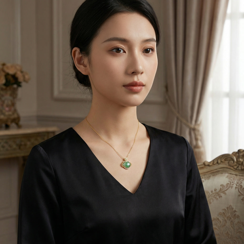 925 Sterling Silver Elegant Jadeite Ruyi Pendant Necklace with Shimmering Gemstone Accents and Polished Chain