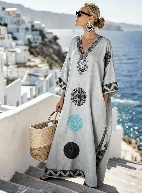 Female Digital Printed V-neck Five Quarter Sleeve Dress