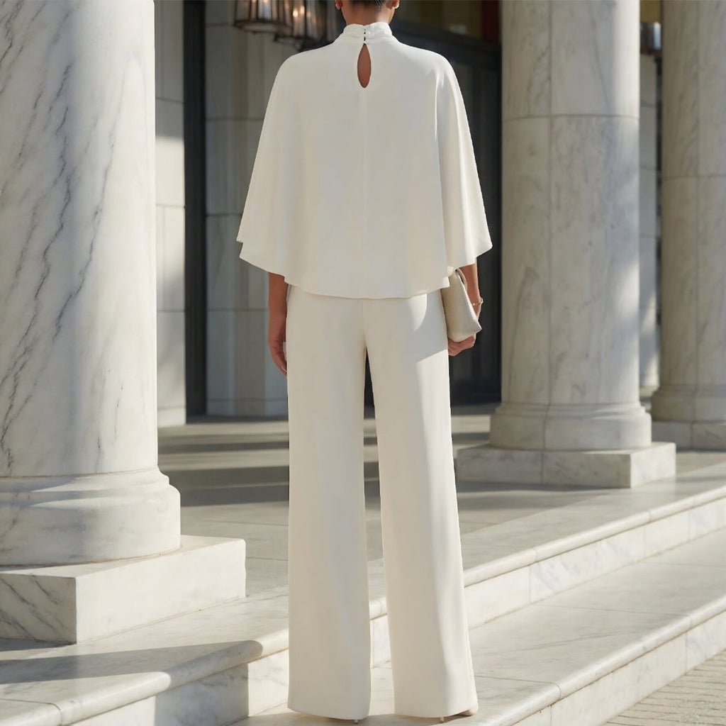 Womens Solid-Color Semi-High Neck Top And High-Waisted Wide-Leg Pants With Side Slits Outfit