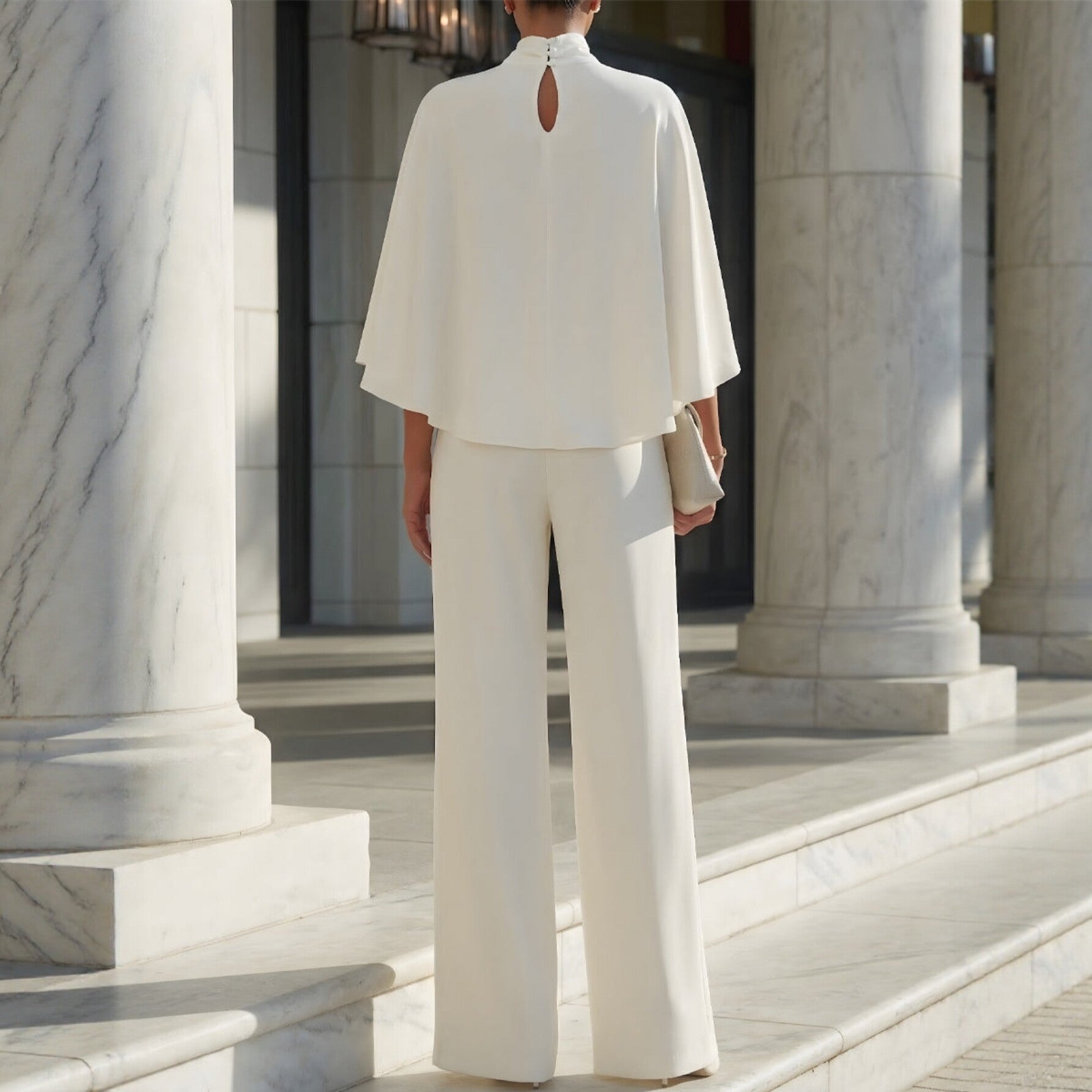 Womens Solid-Color Semi-High Neck Top And High-Waisted Wide-Leg Pants With Side Slits Outfit