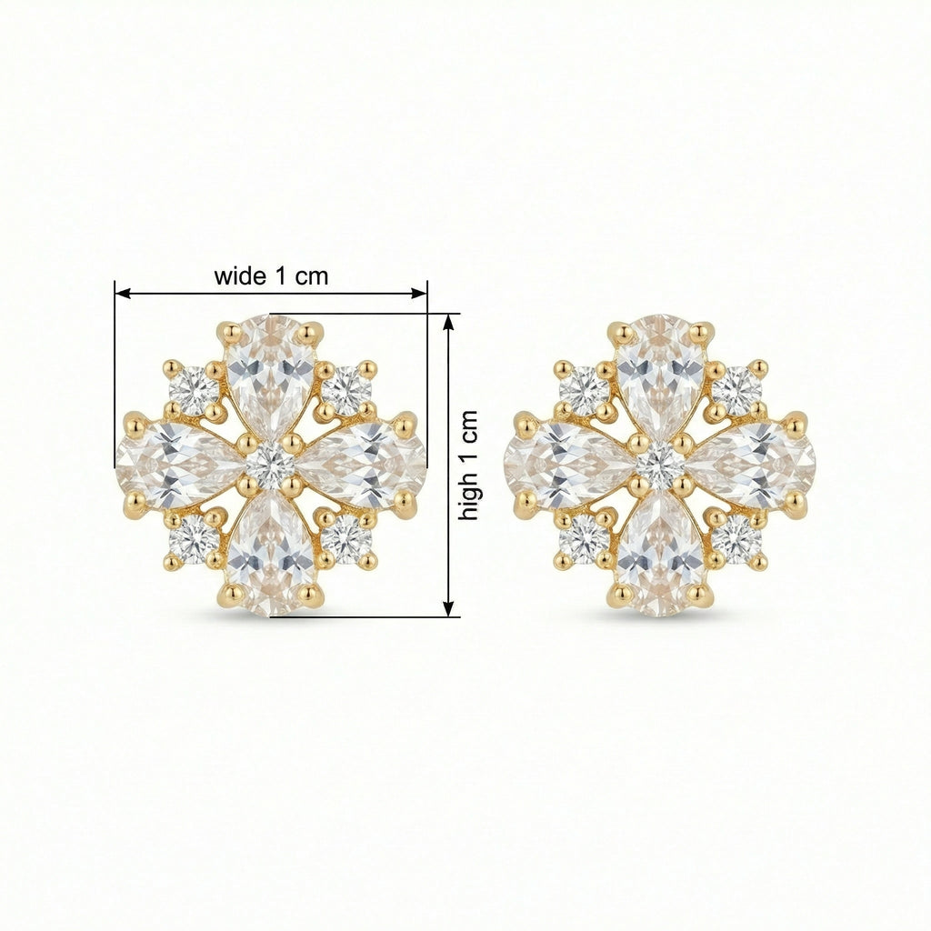 925 Sterling Silver Radiant Floral Motif Studs Featuring Pear and Round Brilliant Cut Gemstones in Gilded Setting