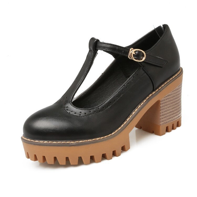Korean-style Low-Top Single-Buckle Japanese-Style Retro Lace-trimmed Thick-soled Womens High Heels