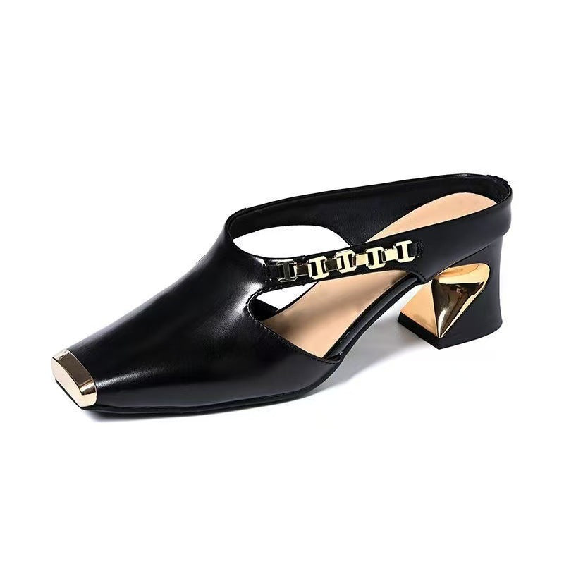 Womens High-heeled Shoes With A Square Toe And Metal-toe Cap Half-slipper Sandals