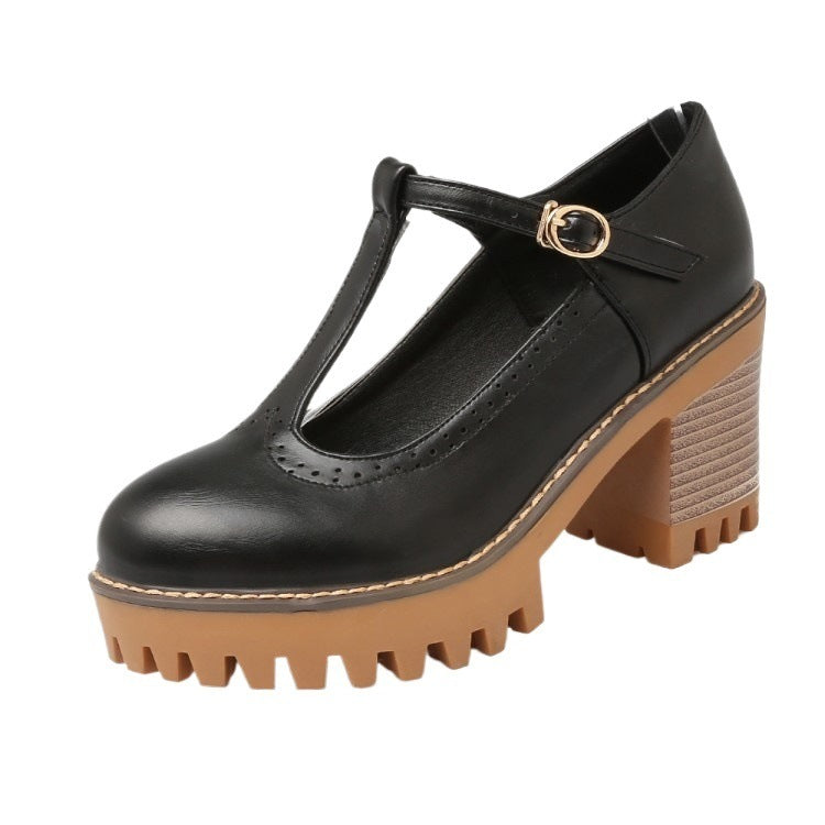 Korean-style Low-Top Single-Buckle Japanese-Style Retro Lace-trimmed Thick-soled Womens High Heels