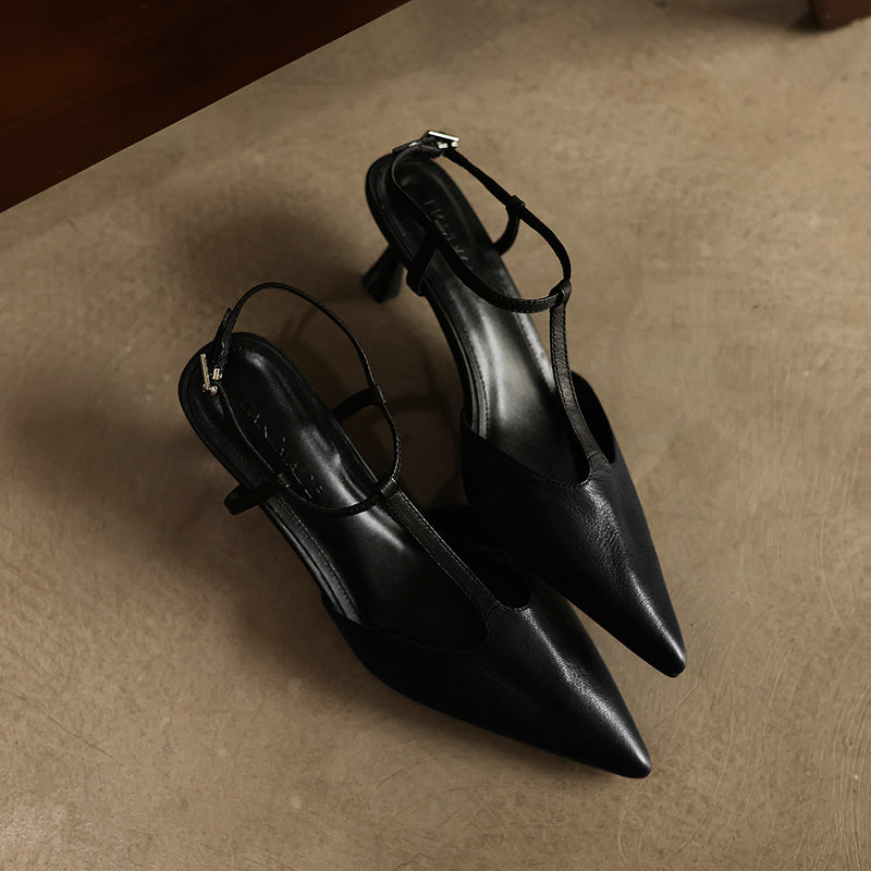 Women's Handmade Washed Full-Grain Lambskin T-Strap Slingback Heels, Vintage Pointed Toe Kitten Heel Sandals