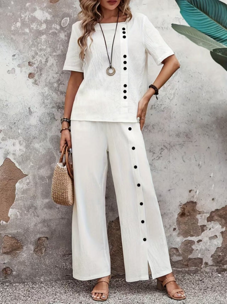 Two-piece Short-sleeve Button-up Top Loose-fit Womens Outfit