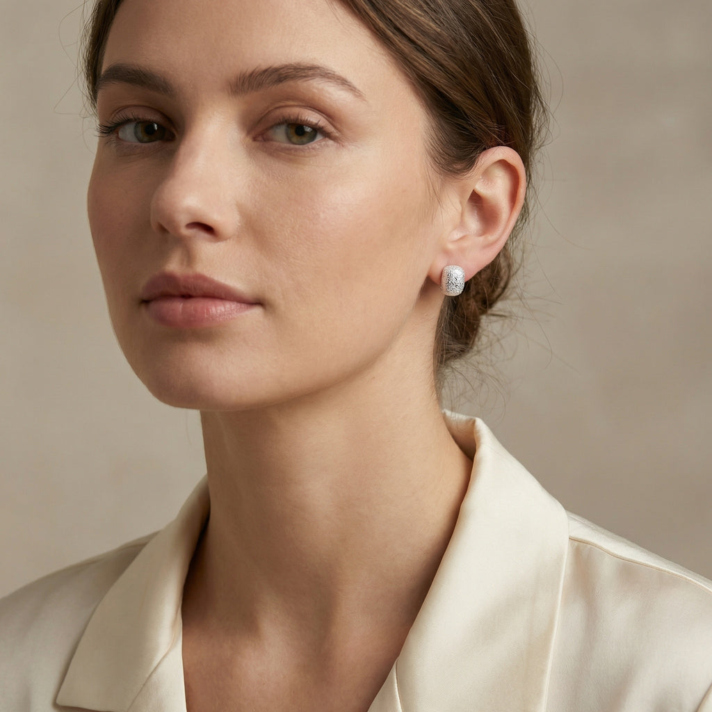 925 Sterling Silver Shimmering Stardust Textured Silver Cushion Stud Earrings