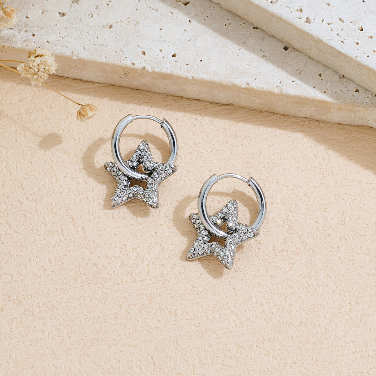 Machine-set Rhinestone Stainless Steel Five-pointed Star Earrings
