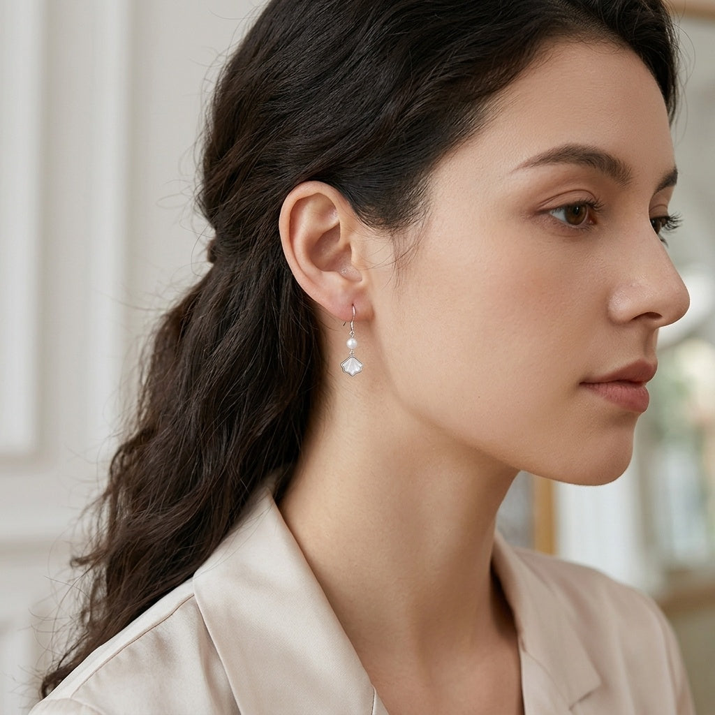 925 Sterling Silver Elegant  Pearl Drop Earrings with Lustrous Shell Pendants