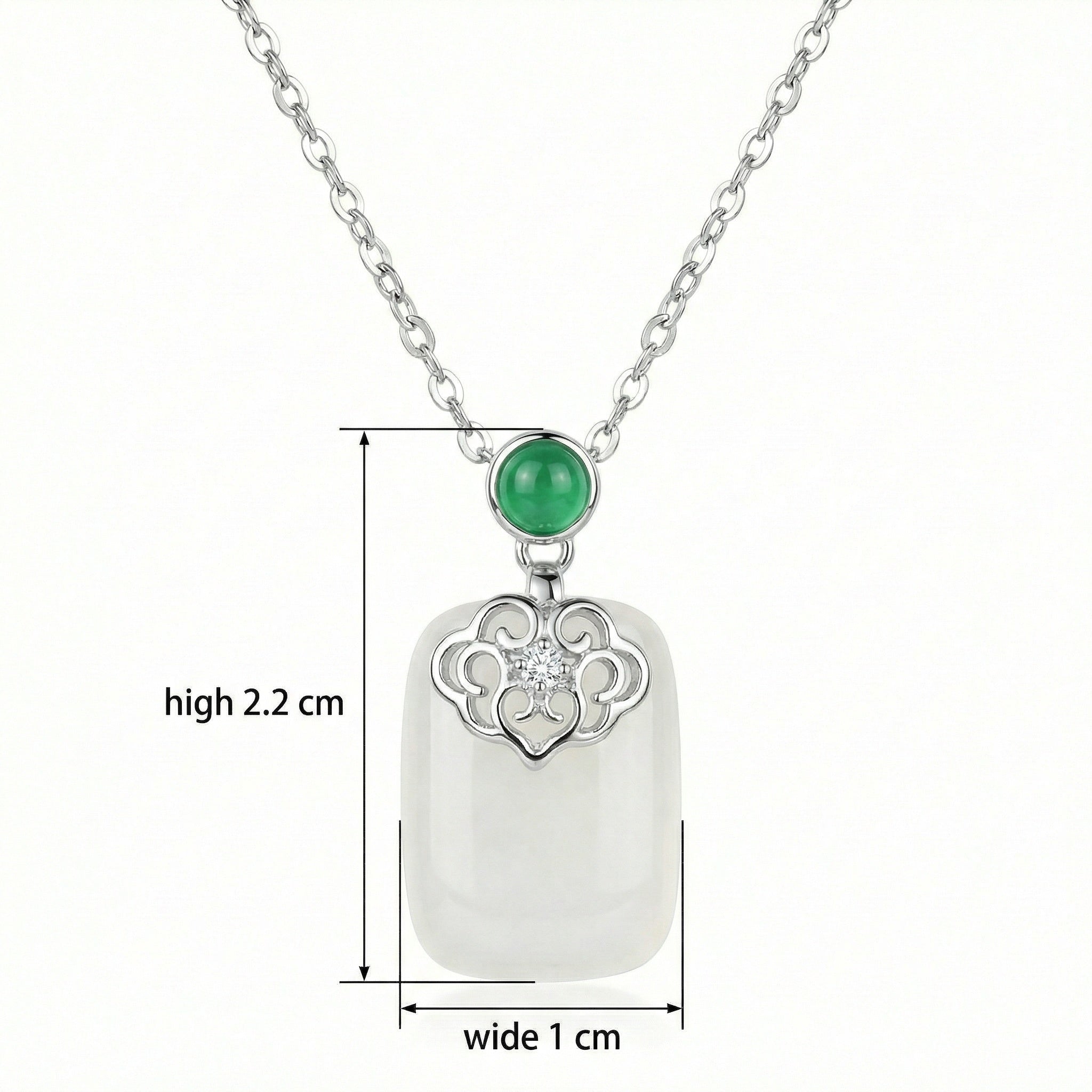925 Sterling Silver Elegant White Jade and Green Gemstone Filigree Pendant Necklace in Sterling Silver
